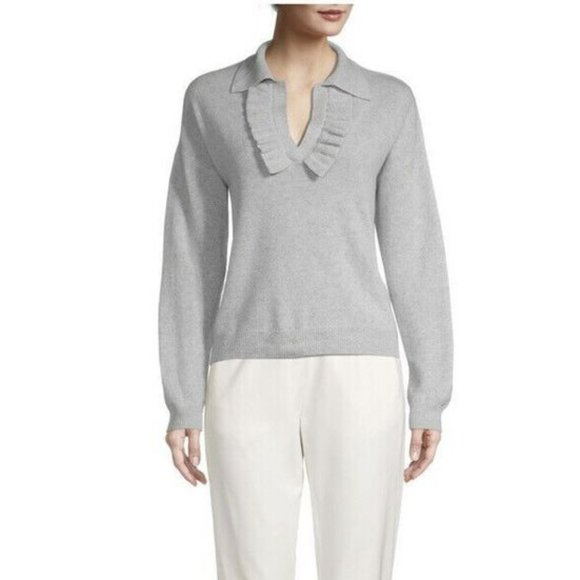 ELIE TAHARI Ruffle Split Neck Cashmere Sweater Amber Grey Size XL NWT $345 NEW - Picture 1 of 6